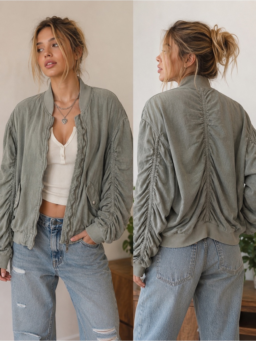 Free People Sage Green Ruched Sleeve Bomber Jacket Oversized Utility Boho XS